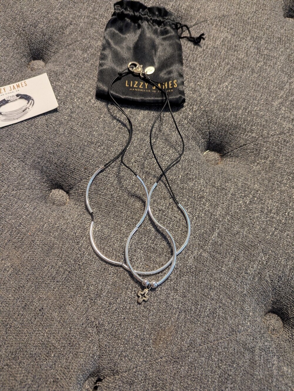 Lizzy James Silver-Tone Hoop Necklace on Black Cord with Cross Charm